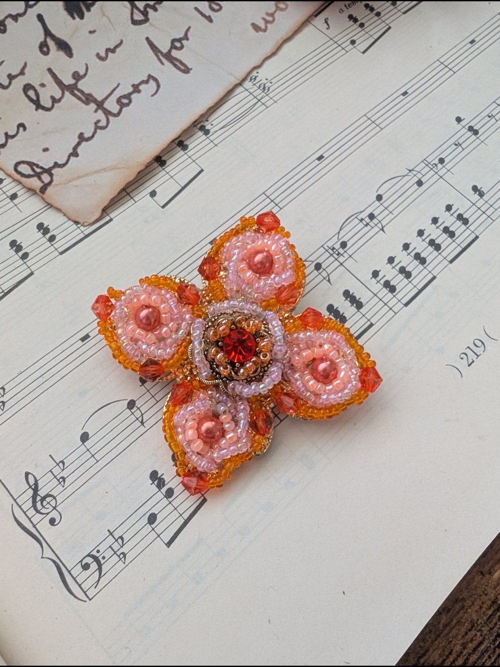 Handcrafted Pink & Orange Beaded Floral Brooch - Designer Style